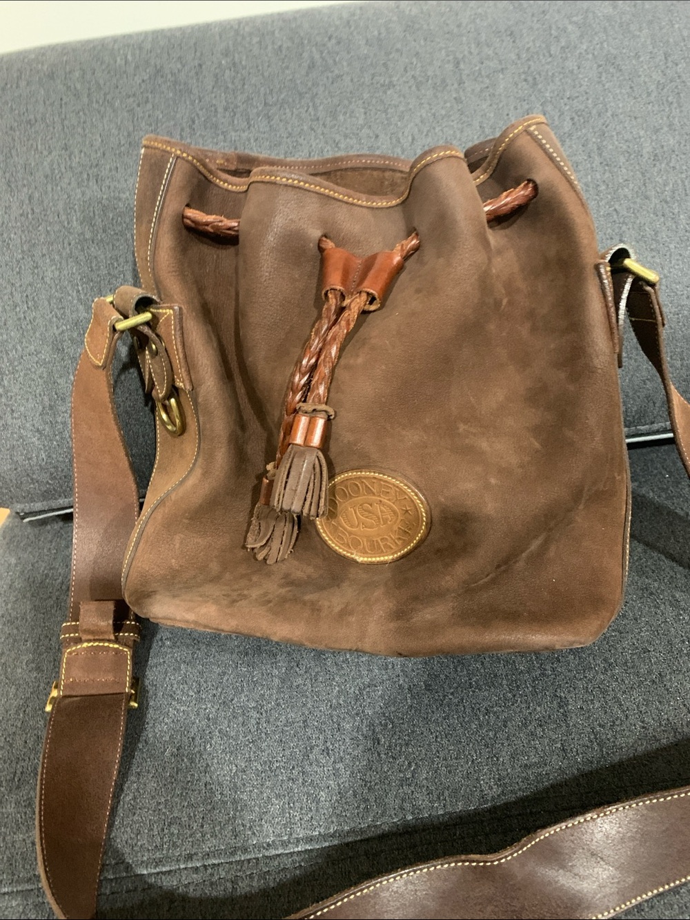 Vintage Dooney & Bourke Brown Suede Drawstring Messenger Bucket Bag